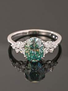 1pc Fashion INS Style S925 Sterling Silver 2CT Moissanite Blue-Green Oval Main Stone Bridal Quality Wedding Ring Proposal Wedding Daily Accessory Anniversary Holiday Gift - Multicolor - View 6