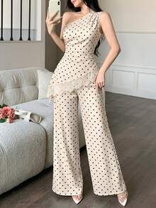 abyoxi Conjunto de 2 piezas de top sin mangas con cintura fruncida y parches de encaje con dobladillo asimétrico en color verde guisante, y pantalones de pierna ancha. Sexy y elegante - Albaricoque 2 - Ver 4