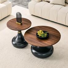 Boho-Style Coffee Table Set (2-Piece)/Melamine Tabletop, Coffee Table With Metal Base/Rustproof And Stable, Stackable/Suitable For Living Room, Bedroom And Office - Walnut Wood + Black - View 4