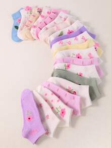 20 Pairs Girls Ankle Socks Ages 1-16, Sweet Bow & Ditsy Floral Print Pastel Macaron Low-Cut School Socks, Casual Athletic Daily Wear For Girls & Teens - Multicolor - View 8