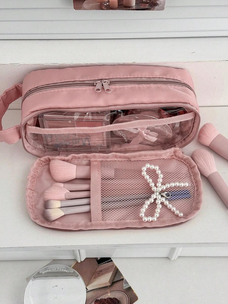 Organizador de brochas de maquillaje con compartimentos de unicolor minimalista, bolsa organizadora de cosméticos portátil para viajes - Multicolor - Ver 1