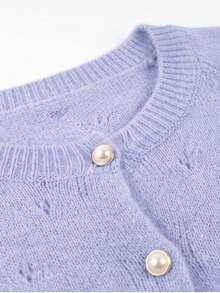 Women's Light Purple Mohair Blend Cardigan, Hollow Heart Pattern Loose Drop Shoulder Long Sleeve Pearl Buttons, French Gentle Style Suitable For Autumn/Winter Daily Versatile Layering - Purple - View 5