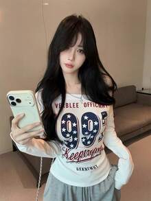 Kaos Wanita Lengan Panjang Leher Asimetris Motif Bintang Amerika, Desain Musim Semi/Gugur, Atasan Dalaman Pelangsing dengan Bahu Terbuka, Warna Putih - Putih - View 8