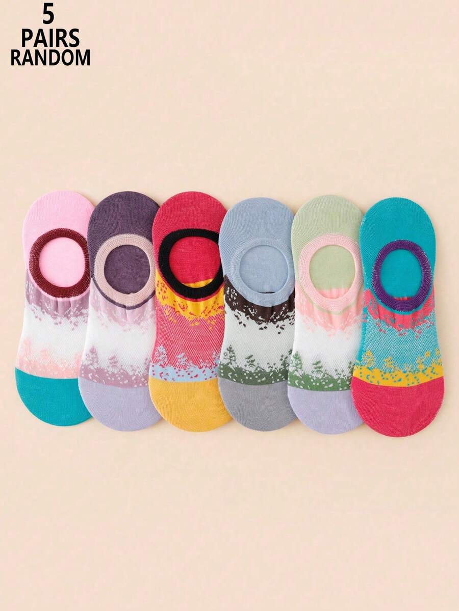 5 Pairs Random Color Women's Comfortable Breathable Low-Cut Invisible Boat Socks - Multicolor - View 1