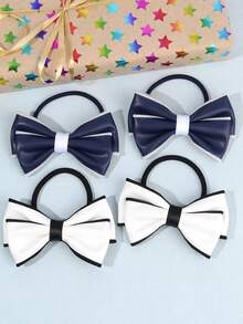 2pcs/4pcs Navy Blue&White Bow Scrunchies,PU Leather Scrunchies,Black Elastic Rubber Band Scrunchies Hair Accessories For All Seasons,Back To School - Multicolor - View 12