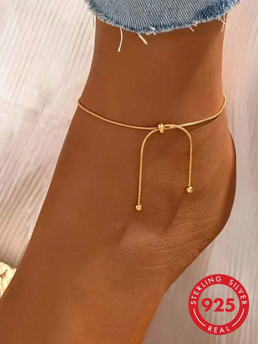 1pc S925 Sterling Silver Minimalist Plain Chain Adjustable Anklet For Women, Cold Style, Versatile For Daily Commute, Party, Low-Key, Travel, Photography, Niche Design - Chain - View 1