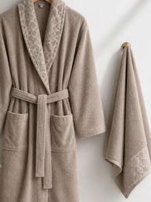Diamond Pattern Jacquard Shawl Collar Bathrobe - S/M - L/XL - Made In Turkey - Brown - View 2