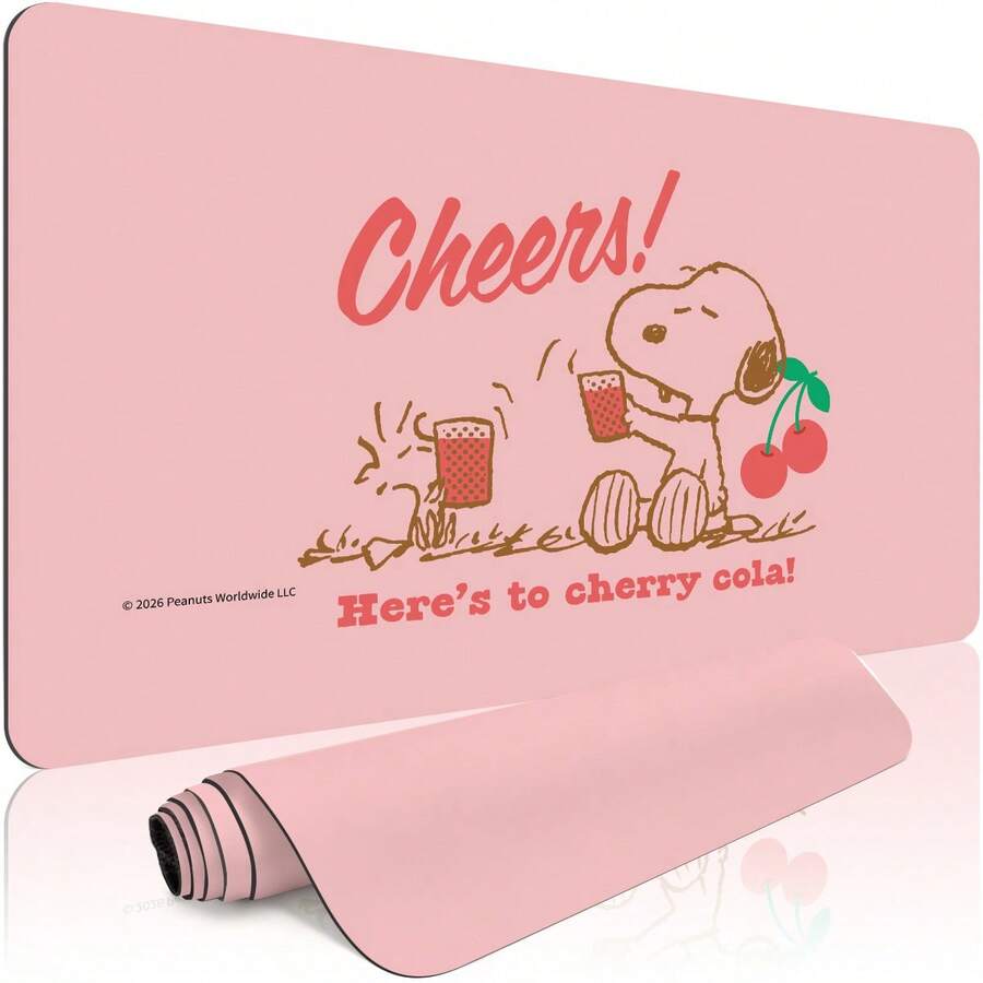 Cherry Cola Cheers Snoopy Extended Gaming Mouse Pad, Pink Solid Base Peanuts Cute Line Drawing Cartoon Large Soft Desk Mat For Daily Office Gaming Use - A - View 1