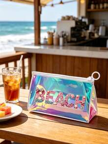 Iridescent Laser Transparent PVC Beach Tote Bag, Large Capacity Beach Letter + Matching Pattern Zipper Pouch, Waterproof Sand-Resistant Easy To Clean, Can Store Swimwear, Towels, Sunscreen, Cosmetics, Suitable For Beach Vacation, Pool Party, Camping Picnic, Short Trip Scenarios, Suitable For Students, Moms, Travel Girls, Qixi, Birthday, Summer Festival Gift, Also Can Be Used As Toiletry Bag, Shopping Bag, Travel Storage Bag - Multicolor - View 5