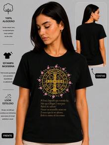 blusa camiseta MEDALHA de São Bento ,Oração Cruz sagrada  blusinha t shirt delicada católica  Jesus igreja casual básica plus size - Preto - Visão 1