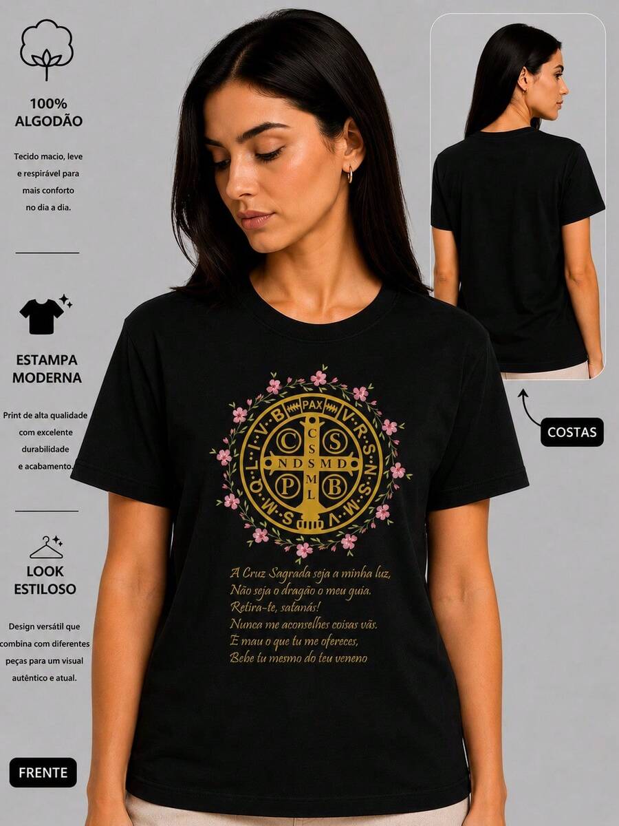 blusa camiseta MEDALHA de São Bento ,Oração Cruz sagrada  blusinha t shirt delicada católica  Jesus igreja casual básica plus size - Preto - Visão 1