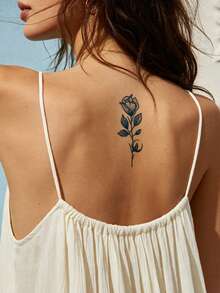 Herbal Juice Semi-Permanent Tattoo Sticker, Minimalist Rose Pattern, 14 Days No Fading, Music Festival Party Gift, Arm Leg Shoulder Neck Collarbone Body Temporary Tattoo Sticker, 1pc/Pack - Blue - View 4