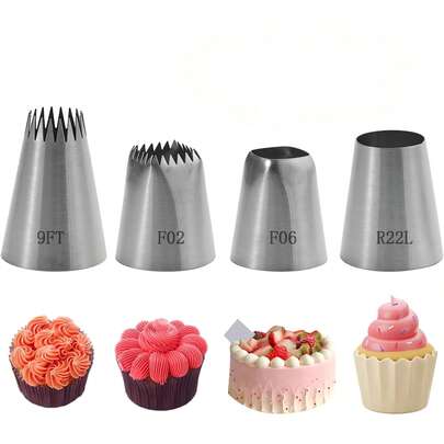 4pcs Large Stainless Steel Piping Tips, Cream Cake Piping Tips, Suitable For Desserts, Cookies, Cupcakes, Kitchen Accessories