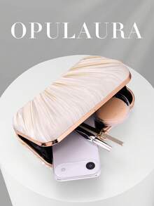 OpulAura 復古優雅緞面晚宴手拿包，百褶設計時尚晚禮服包，迷人精緻正式派對手提包，高端方盒小包，適合女性派對/婚禮/正式場合晚餐，附鏈條可肩背/斜跨 - 杏色 - 查看 3