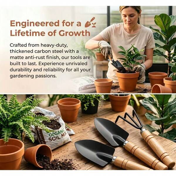 3Pcs Garden Tool Set Wooden Handle Mini Trowel Rake Shovel Carbon Steel Rust-Resistant Indoor Outdoor Balcony Succulent Planting Kit