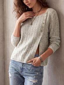 Women's Solid Color Round Neck Asymmetric Button Waist-Baring Split Hem Fall/Winter Casual Fashion Sexy Design Knit Long Sleeve Cardigan - Beige - View 4