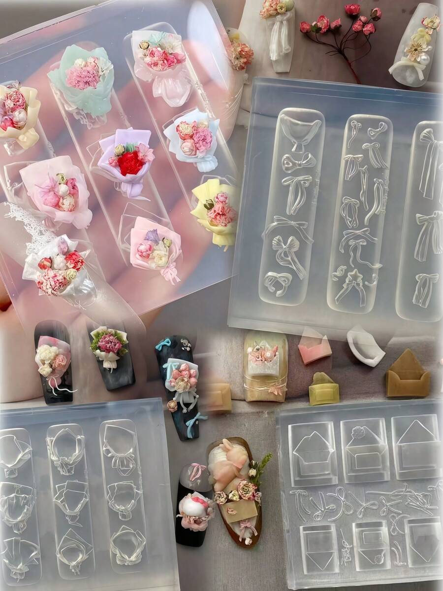 1件裝花束矽膠美甲模具 信封蝴蝶結緞帶 3D雕刻可穿戴美甲裝飾指甲模具