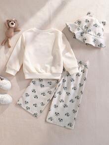2pcs Baby Boy Autumn Woven Crew Neck Long Sleeve Sweatshirt Set, Children's Fashion Basic Style Bear Embroidery Ribbed Collar Apricot Top, Elastic Waist Versatile Bear Baby Airplane Print All-Over Print Wide Leg Pants, Spring Play & Vacation Outfit With Hat - Apricot - View 2