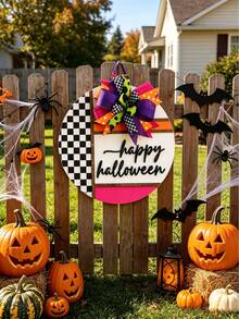 Halloween Front Door Hangings, Halloween Checkered Wreaths, "Happy Halloween" Wreaths, Front Door Decorations, 3D Wreaths, Vintage Home Decor, Outdoor Porch Wooden Signs, Gifts - Multicolor - View 6