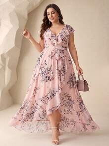 UNITHORSE [Non-Positioning Flower] V-Neck Ruffle Collar Detachable Tie Asymmetrical Ruffle Hem Printed Bridesmaid Dress - Baby Pink - View 6