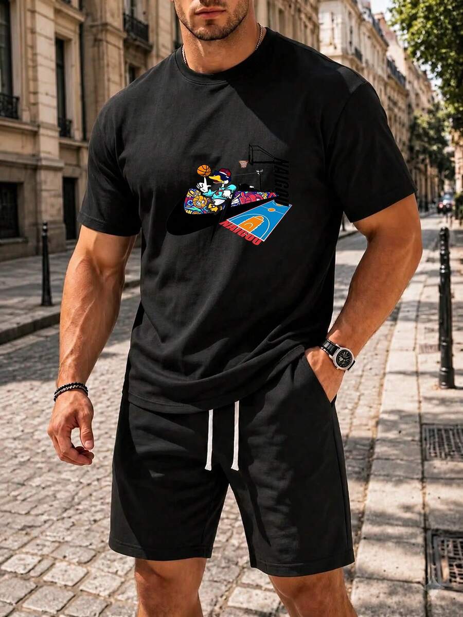 Men Sunflower Graphic Print Short Sleeve Soft Cotton Tee - 黑色 - 查看 1