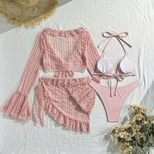 Sexy 4-teiliges Spitzen-Mesh-Bikini-Set, Damen-Durchsichtiger Triangel-Badeanzug mit hochtailliertem Unterteil und Mesh-Überwurf - Rosa - Übersicht 3