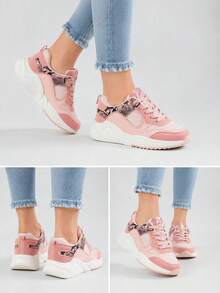 Sports Shoes, Lace-Up, Mesh + Imitation Leather, Snake Skin Imitations. - Pink - View 2