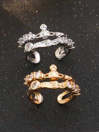 1 pieza Anillo de mujer con forma de planeta Saturno, diseño de textura martillada, incrustado con circonita cúbica súper brillante, anillo ajustable abierto, anillo de compromiso, uso diario, regalo para novia, anillo de boda, joyería de Halloween, regalo de Navidad