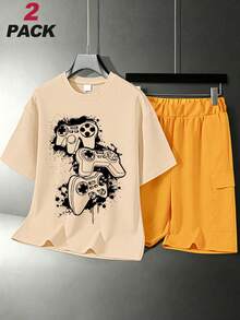 2 Packs Gamer Street Teen Boys Matching Set, Splatter Sketch Game Controller Print Tee & Cargo Shorts, Soft Summer Street Outfit - Apricot - View 1