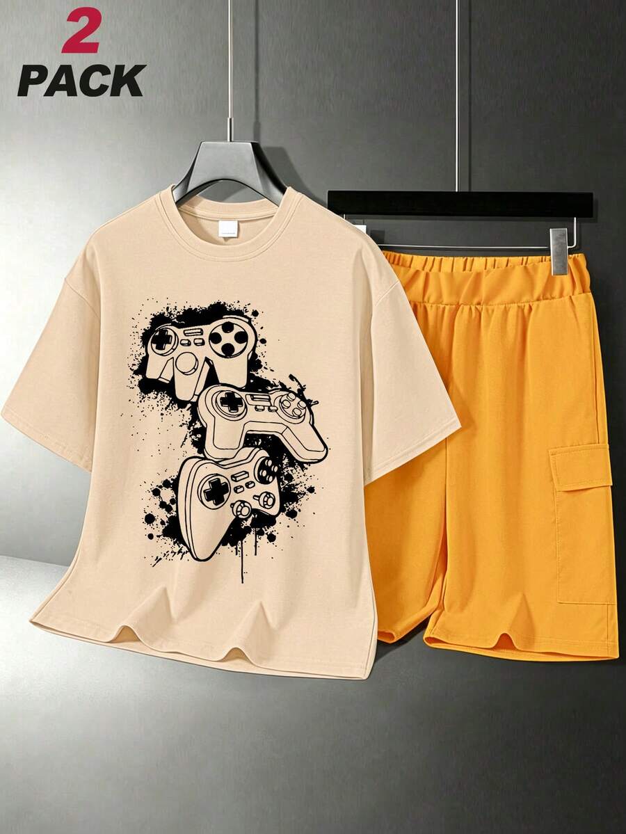 2 Packs Gamer Street Teen Boys Matching Set, Splatter Sketch Game Controller Print Tee & Cargo Shorts, Soft Summer Street Outfit - Apricot - View 1