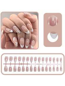 30pcs Full Size Spring Daisy Short Almond Press-On Nails, Gentle French Milk White Daisy Fresh Style Nail Tips - 彩色 - 查看 3