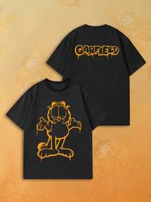 SHEIN | Garfield 女款黑色雙面T恤，滴線卡通貓輪廓與塗鴉字母印花，寬鬆短袖，適合街頭、旅行、女孩日常休閒穿著 - 黑色 - 查看 6