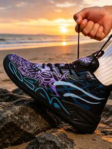 1 Pair Black & Purple Camo Graffiti Dream Basketball Shoes, Campus Style Basketball Game Shoes, Training Shoes, Wear-Resistant, Non-Slip, Shock-Absorbing, Soft & Bouncy, Breathable, Comfortable - Black - View 3