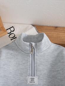 Boys' Casual Fashion Solid Color Half-Zip Collar Long Sleeve Top And Pants 2 Pieces Set, Spring/Autumn - Grey - View 3