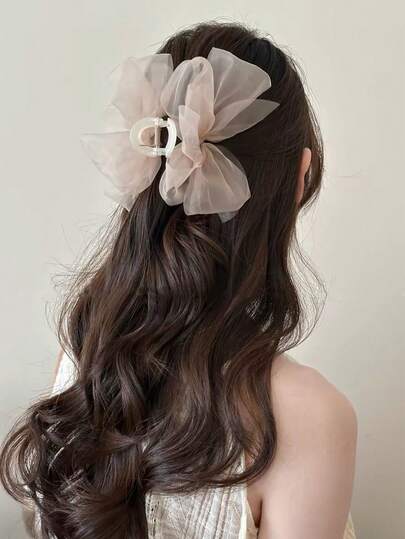 1PC Soft Double-Layer Organza Large Bow Hair Clip, Large Size For Thick Hair, Perfect For Half-Ponytails And Photo Shoots