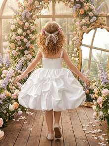 Young Girls Spaghetti Strap Ruched Satin Elegant Flower Girl Princess Dress, White Puff Party Gown, Headband Not Included - White - View 6