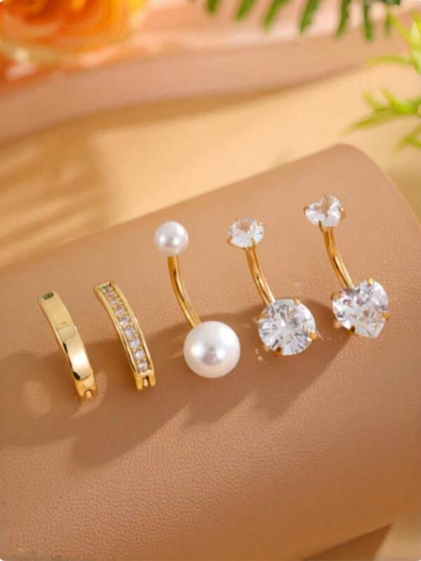 Juego de 5 piezas de anillos de ombligo de acero inoxidable, con circonita en forma redonda y de corazón, joyería de piercing de ombligo sexy y de lujo, accesorios de piercing corporal unisex para cumpleaños, fiesta, versátil