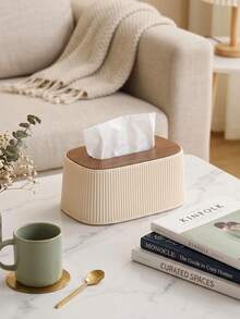 1pc Nordic Minimalist Style Tissue Box, INS Creamy Vertical Stripe Decor, Solid Wood Lid, Built-In Spring Smooth Dispensing, Fits Multiple Tissue Sizes, Suitable For Bathroom Vanity Countertop, Bedroom Dresser, Living Room, Nightstand, Desk, Office Desktop Storage Tissue Holder - Multicolor - View 8