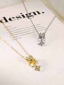 1pc Elegant New Faux Pearl Starburst Necklace Pendant Multi-Layer Integrated Versatile Star Collarbone Chain Jewelry For Women Daily Wear And Party - Multicolor - View 7