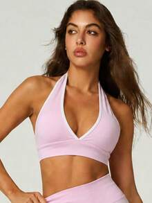 UONNOU 1pc Women's Shaping Halter Neck Bra, Sexy Deep V, Cold Shoulder, Backless, Beautiful Back Sports - Pink - View 8