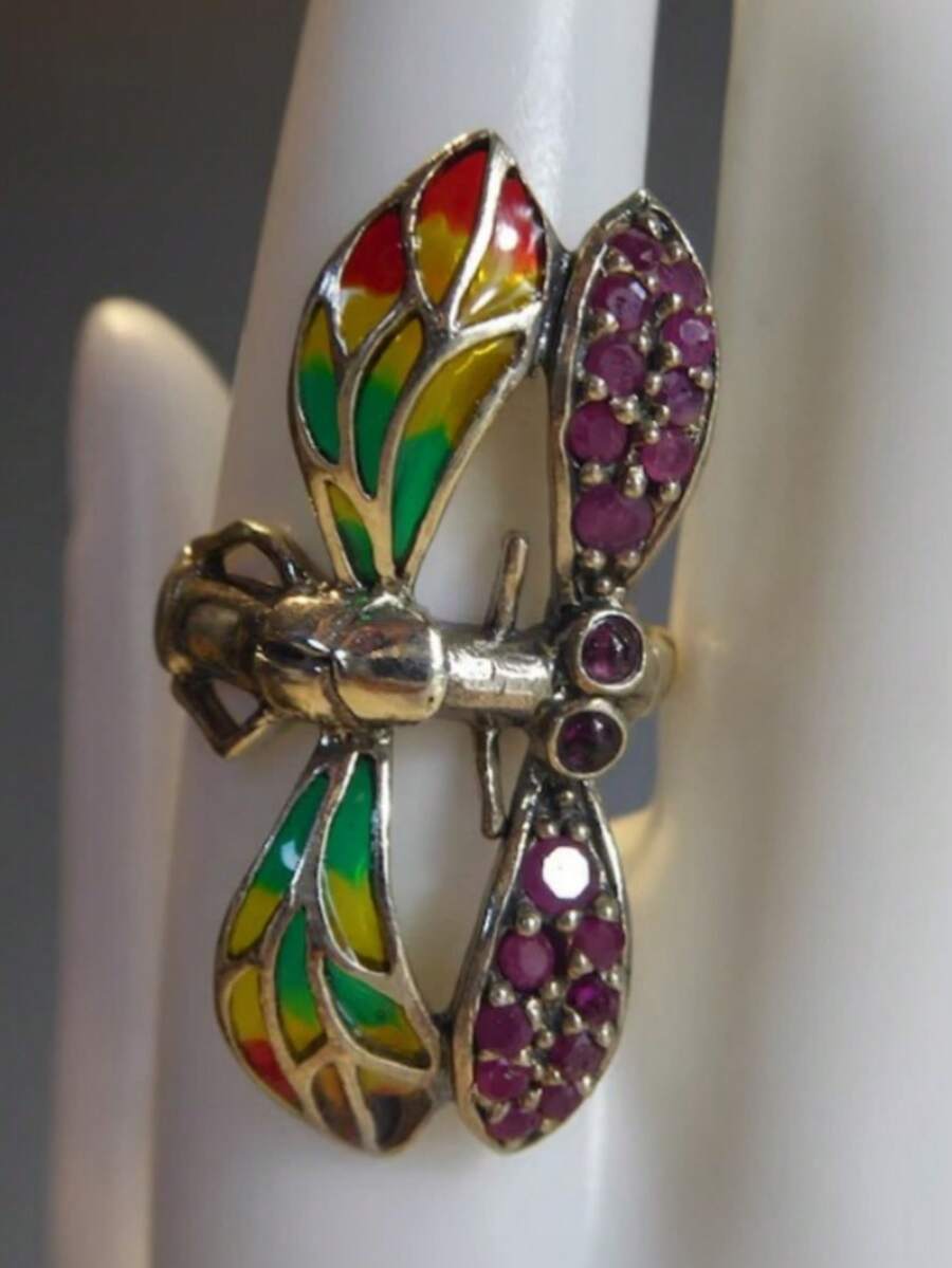 Anel Feminino Vintage de Libélula com Zircônia Sintética Colorida, Anel Feminino de Luxo Personalizado Retrô - Multicolorido - Visão 1