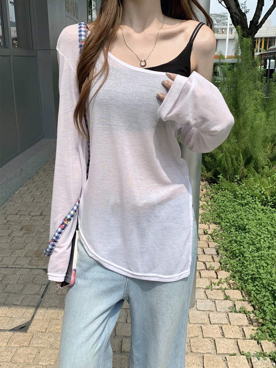Korean Style Loose Asymmetrical Shoulder Slit Design Sun Protection Cover-Up T-Shirt Top For Women - White - View 1