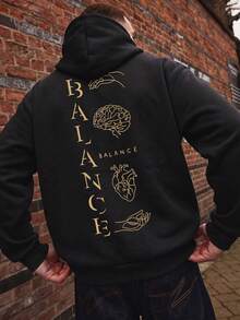 SU ER Men's Autumn/Winter Printed Loose Fleece Hooded Sweatshirt | Leading Fashion - Black - View 3