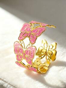 VceTd 1pc Romantic Style Colorful Enamel Butterfly Design Stainless Steel Open Bangle Bracelet For Women, Suitable For Weddings, Elegant Dates, Or Valentine's Day Gift For Loved Ones - Yellow Gold - View 4