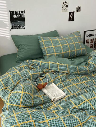 4Pcs Forest Yellow-Green Contrast Plaid Bedding Set, Ins Retro Japanese Unisex Washed Polyester, Soft Breathable All Season Bedding, Hot For Spring Summer, 1 Duvet Cover + 1 Flat Sheet + 2 Pillowcases, No Inner Fillings