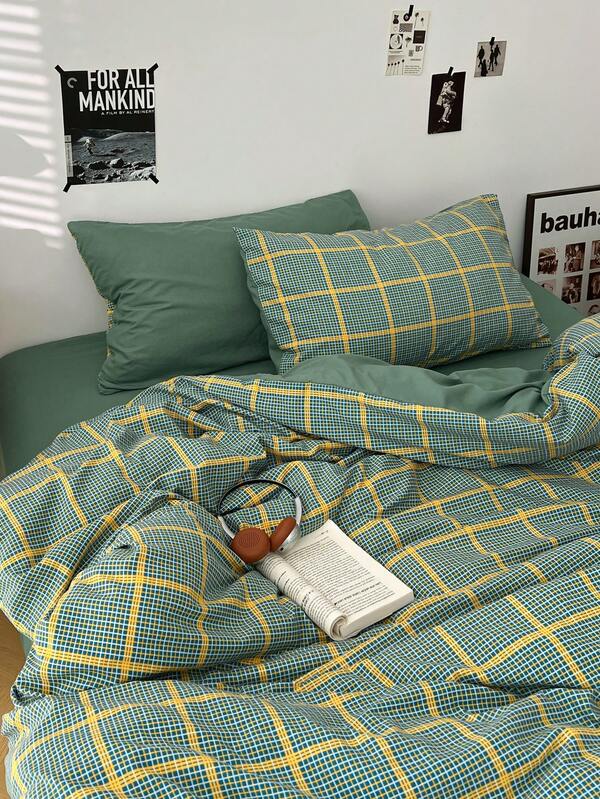 4Pcs Forest Yellow-Green Contrast Plaid Bedding Set, Ins Retro Japanese Unisex Washed Polyester, Soft Breathable All Season Bedding, Hot For Spring Summer, 1 Duvet Cover + 1 Flat Sheet + 2 Pillowcases, No Inner Fillings
