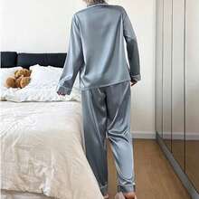 Dreamivo Solid Pink Summer Women's Pajama Set - Short Sleeve Button Collar Top And Pants, Soft Pajamas, Machine Washable, Can Be Worn As Outerwear Women's Long Sleeve Long Pants Pajama Set - Baby Blue - View 2