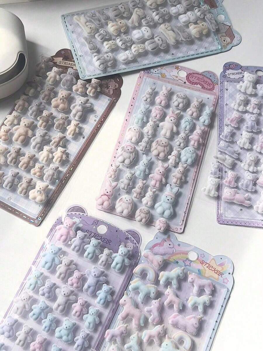 Autocollants 3D flocage Q-Lia, autocollants gaufrés motif lapin et ours, convient pour le scrapbooking DIY, les coques de téléphone, les journaux, les autocollants décoratifs, pack de recharge d'autocollants - Multicolore - Voir 1
