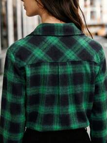Women Green Black Plaid Flannel Shirt, Collared Long Sleeve Button Down Brushed Fabric Casual Check Blouse Fall - Green - View 4