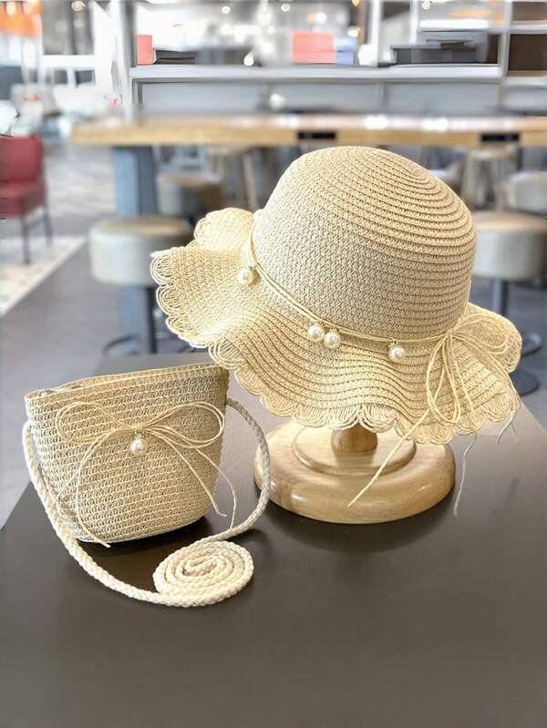 Girls' Summer Sun Hat With Ruffle Edge, Wide Brim, Pearl Decoration, Bow Knot, Straw Beach Hat, Cool Hat